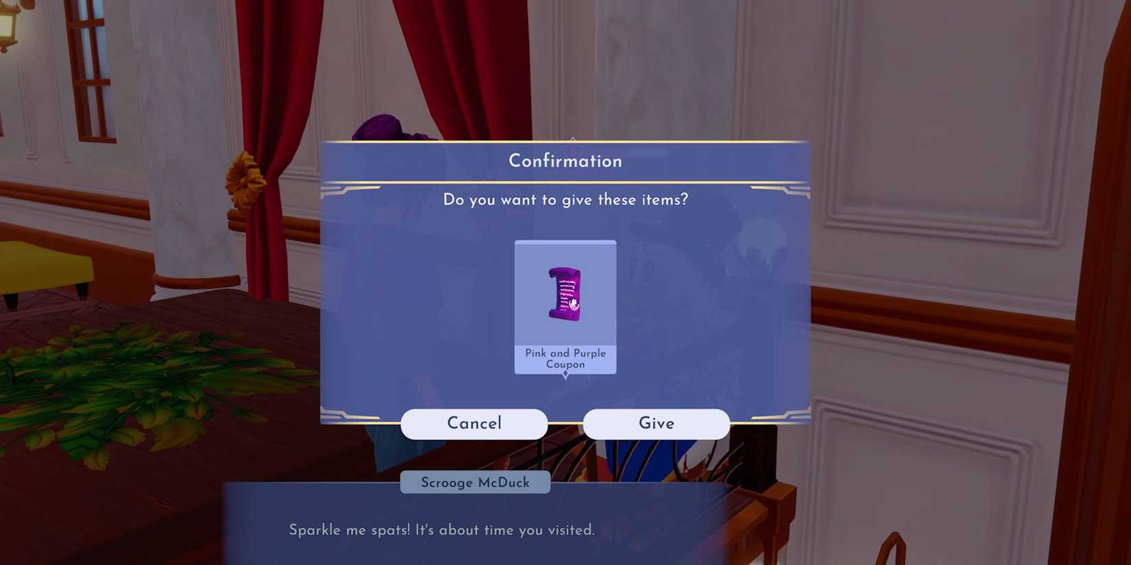 Pink and Purple Coupon in Disney Dreamlight Valley Mannequin Madness quest