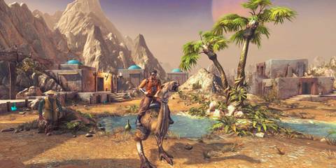 Player riding a dinosaur in Outcast Second Contact