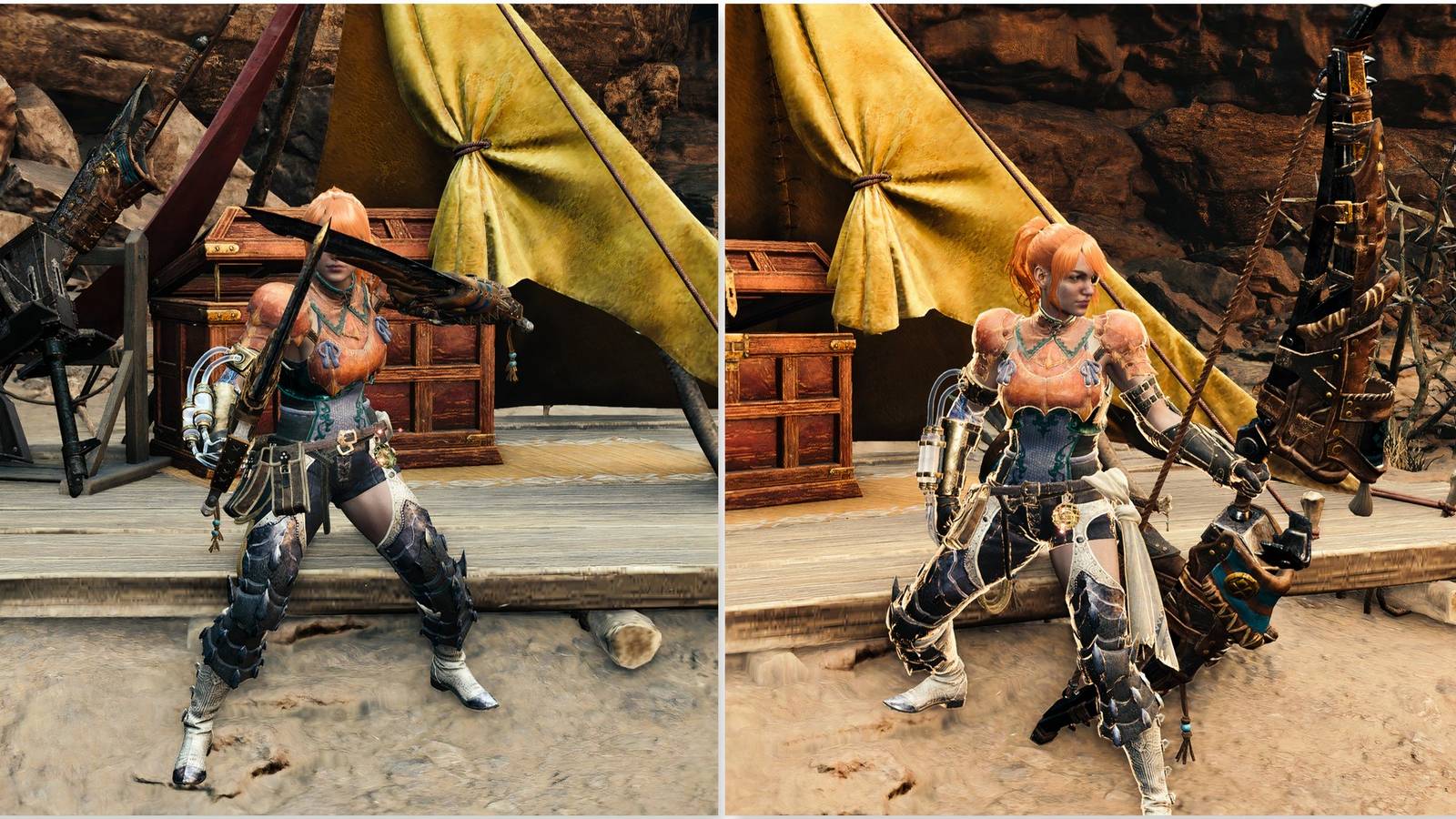 Players holding a Dual Blades and a Bow in Monster Hunter Wilds