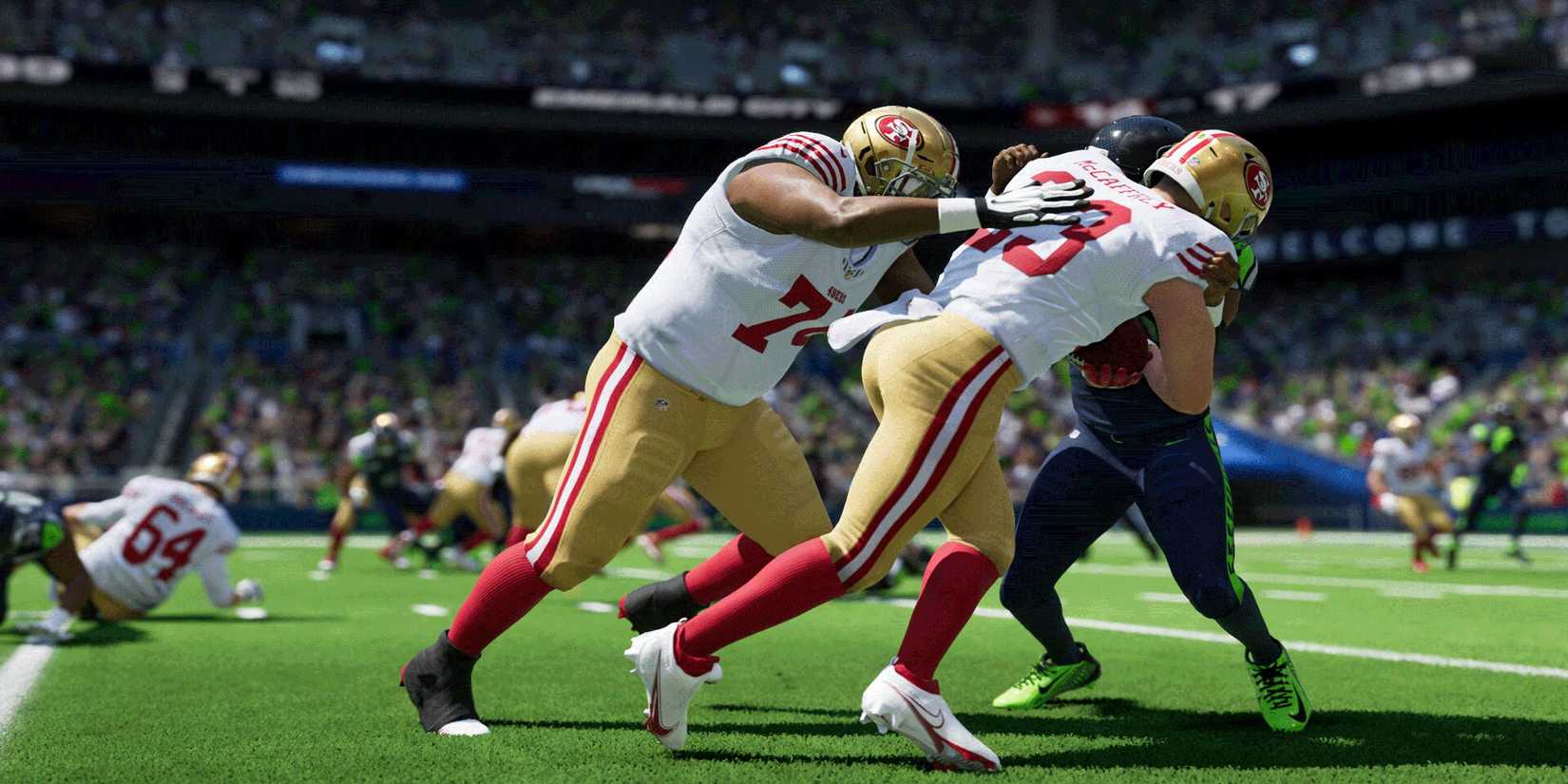 Players tackling each other in Madden NFL 24