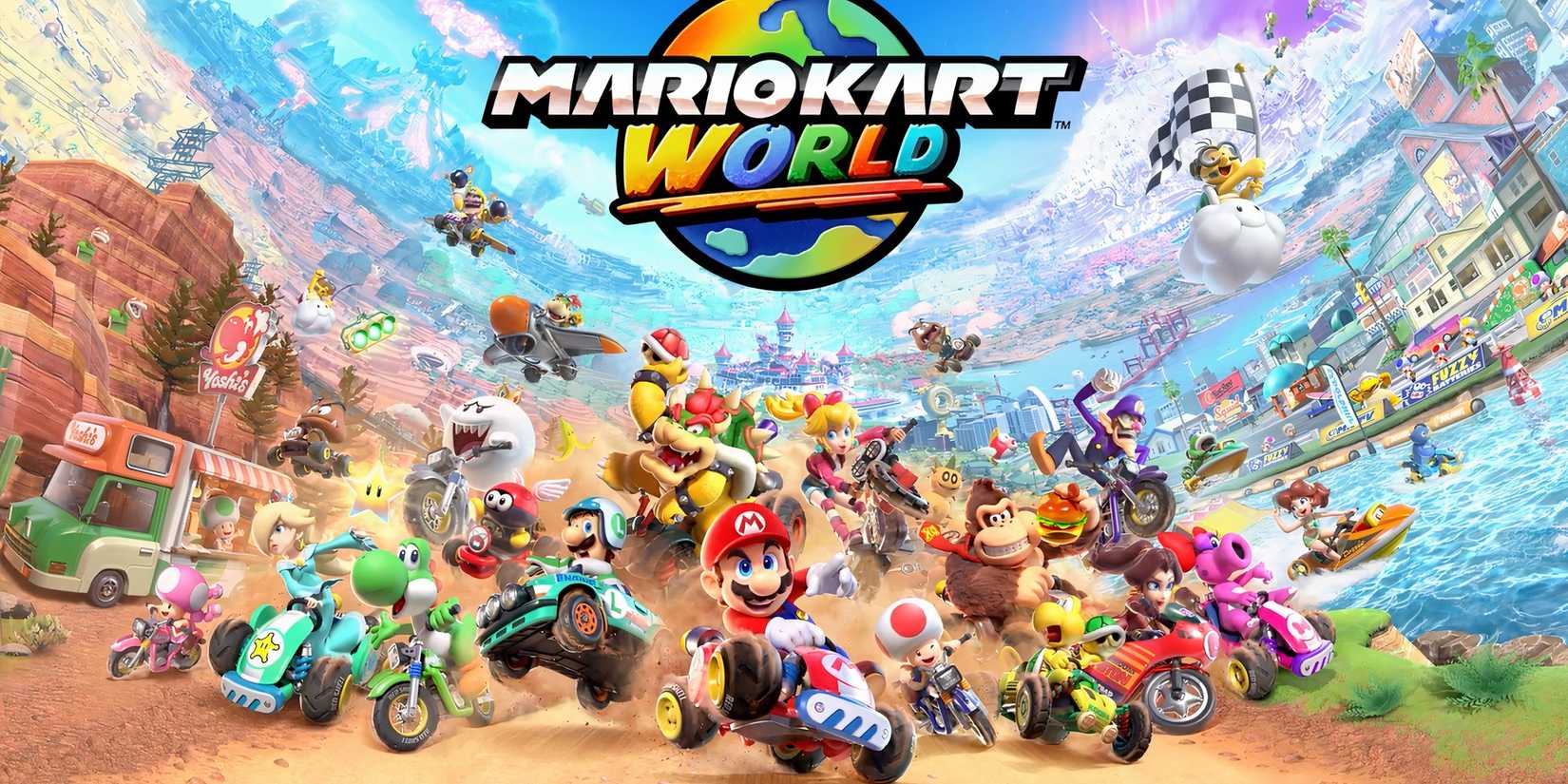 Promo art featuring characters in Mario Kart World