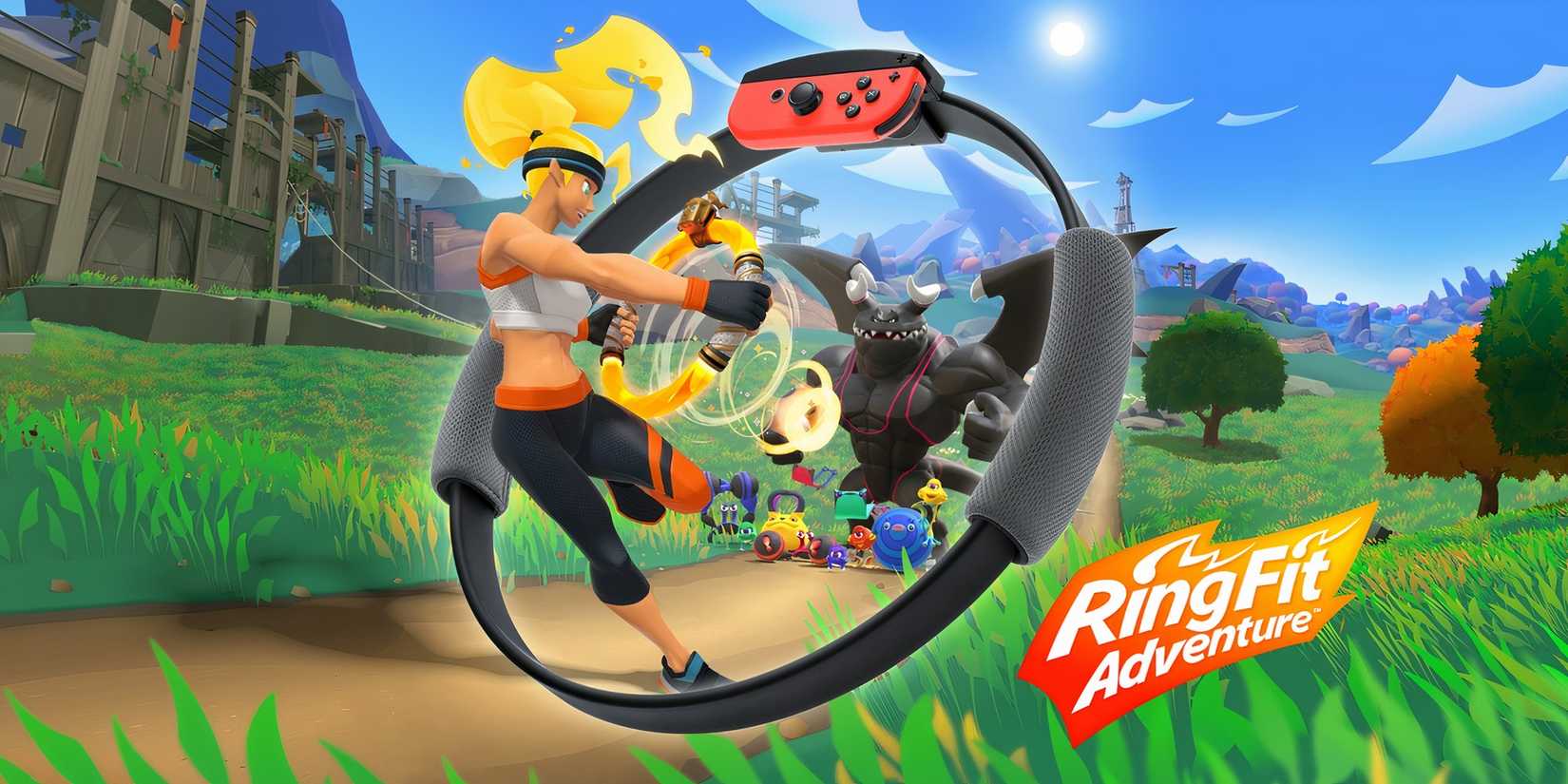 Promo art featuring characters in Ring Fit Adventure
