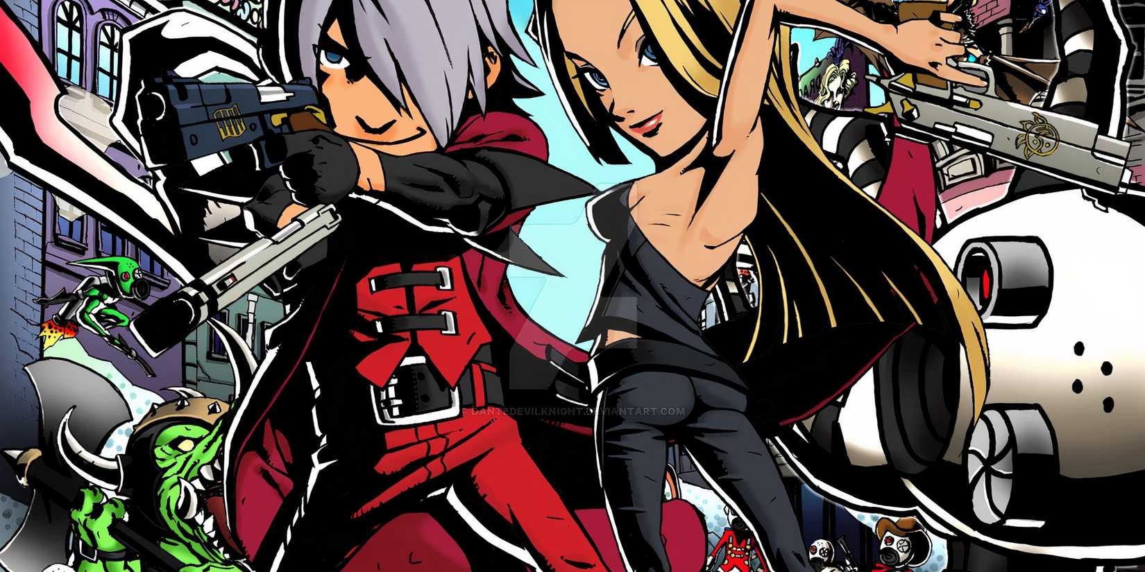 Promo art featuring Dante and Trish in Viewtiful Joe