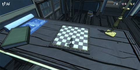 queen on a chessboard in the study in blue prince