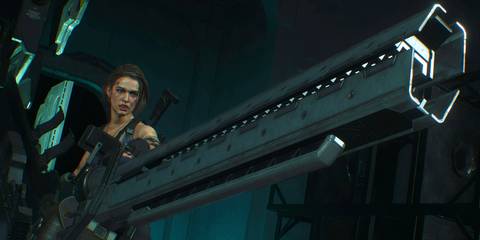 Jill Valentine wielding a railgun in Resident Evil 3