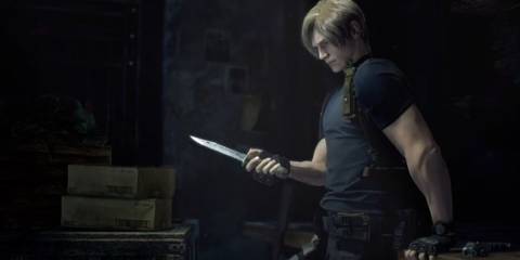 Leon Scott Kennedy in resident evil 4 holding a knife 