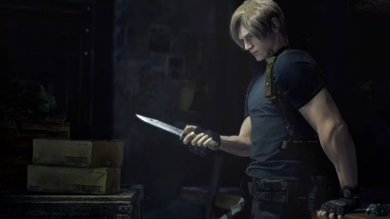 Leon Scott Kennedy in resident evil 4 holding a knife 