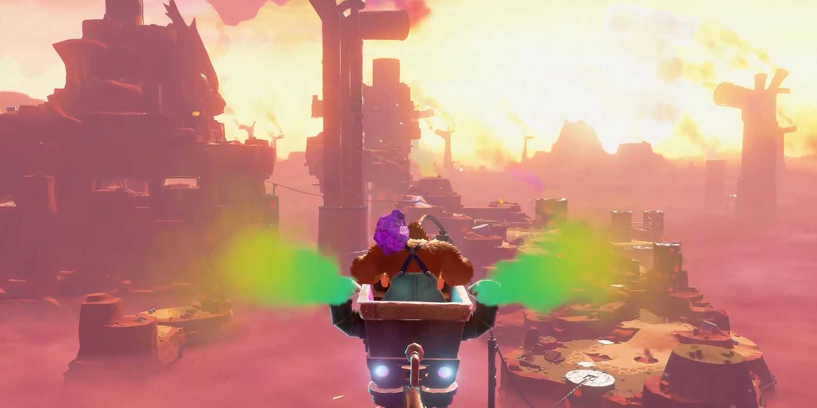 Riding a mine cart in Donkey Kong Bananza