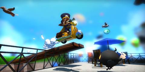 Riding a scooter and jumping over a platform in A Hat in Time