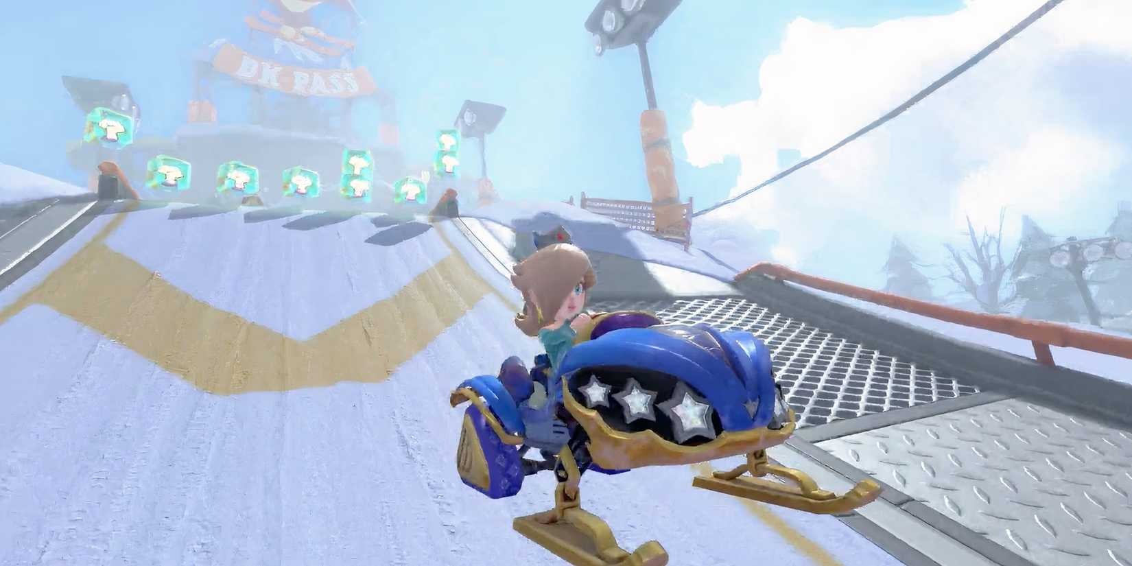 Rosalina driving a snowmobile in Mario Kart World