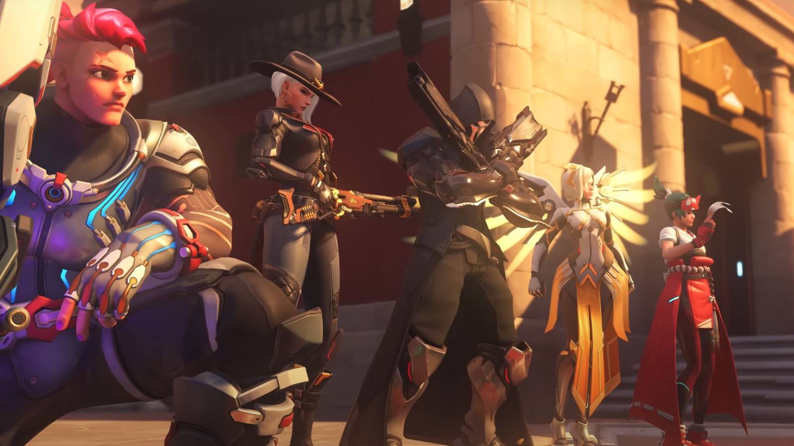 overwatch 2 characters in a line in the stadium