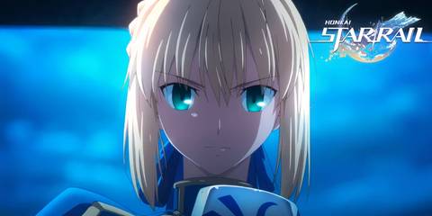 A screenshot of Saber from the Fate/Stay Night Unlimited Blade Works anime with Honkai: Star Rail's logo set in the corner.