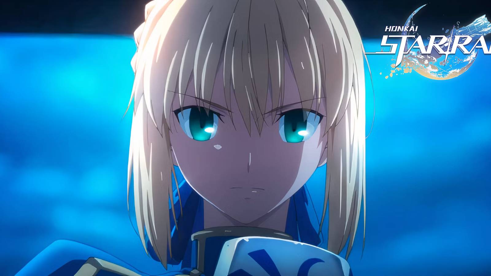 A screenshot of Saber from the Fate/Stay Night Unlimited Blade Works anime with Honkai: Star Rail's logo set in the corner.