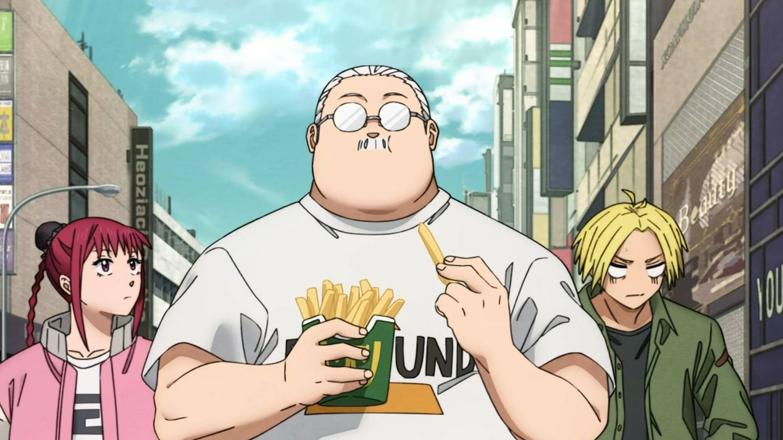 picture: sakamoto eating french fries, lu shaotang and shin in the anime.