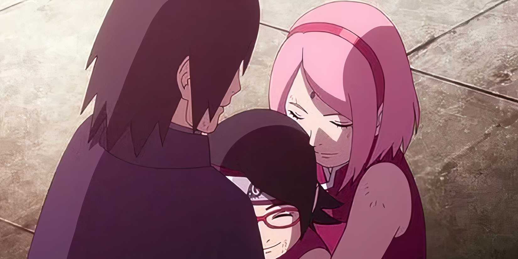 Sakura, Sarada, and Sasuke in Boruto, hugging as a family.
