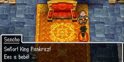 Sancho excitedly informs King Pankraz about the birth of the baby in Dragon Quest V on the throne room