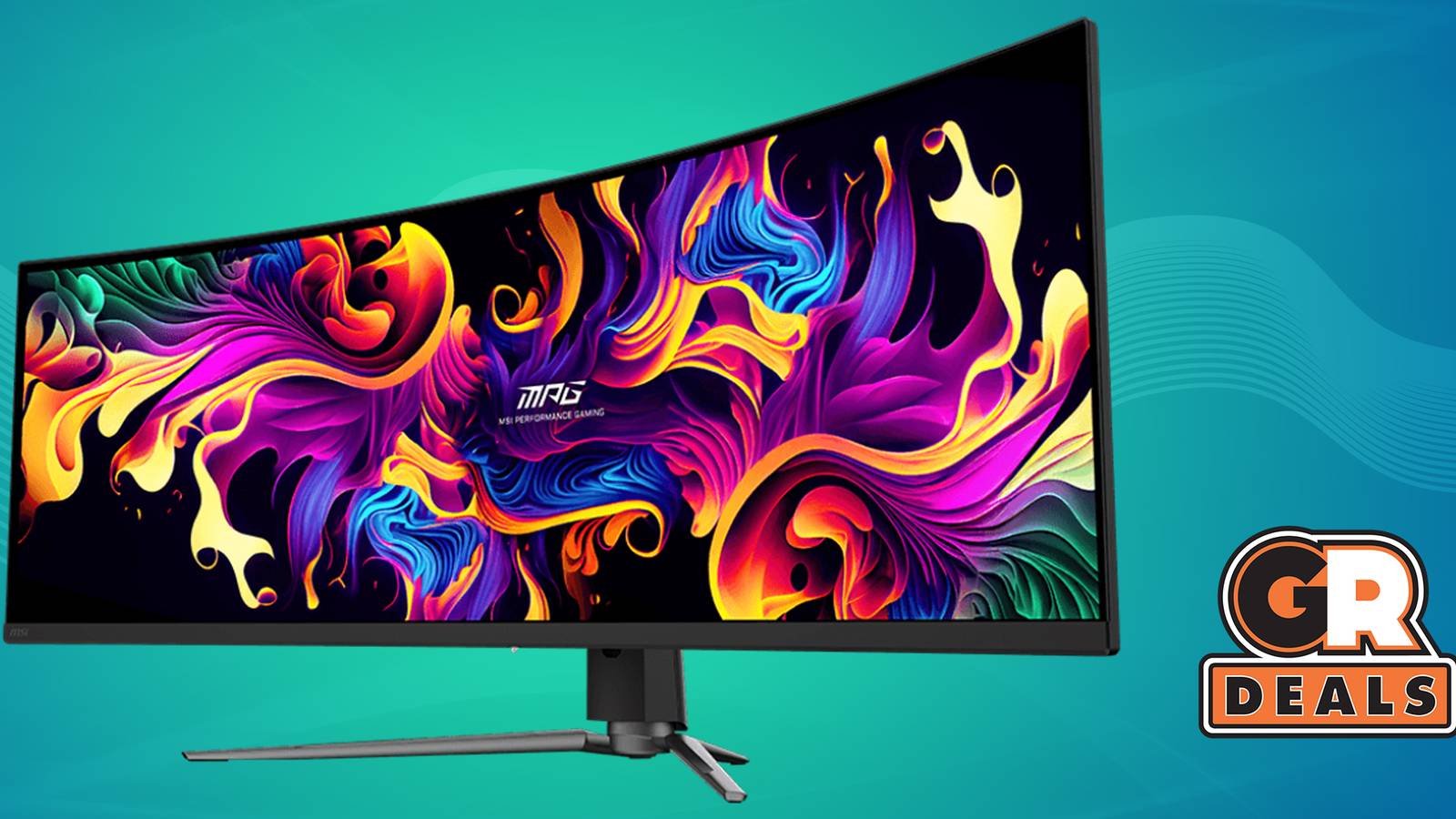 The Ultrawide MSI 49-Inch Curved OLED Gaming Monitor over light blue background