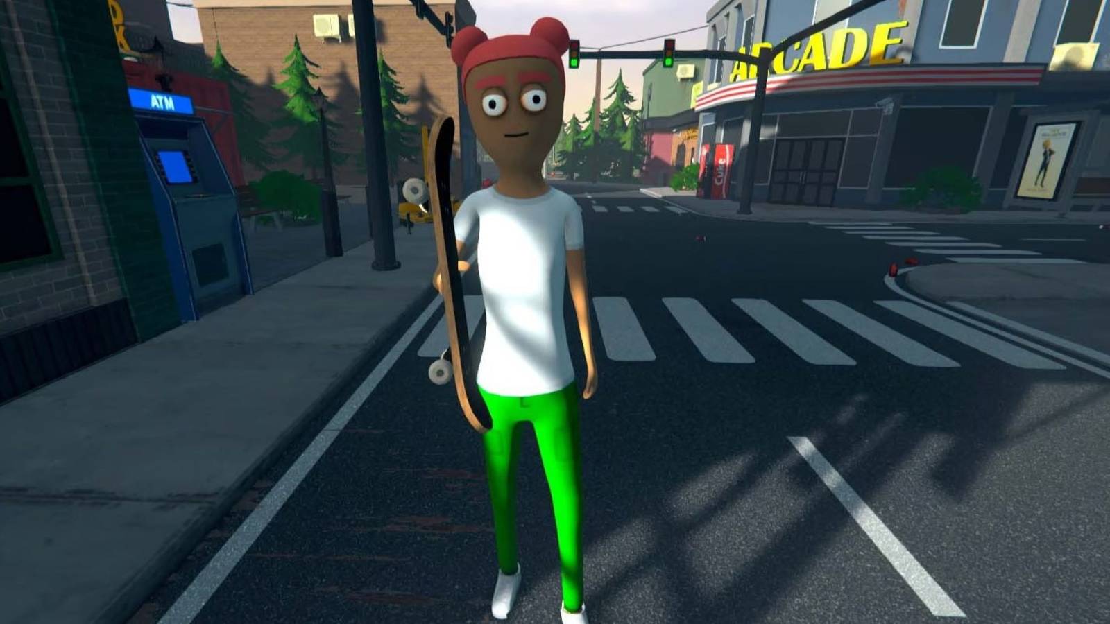 schedule 1 character with pink hair and green pants holding a skateboard