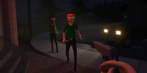 schedule 1 protagonist pointing a gun at bad guys with weapons