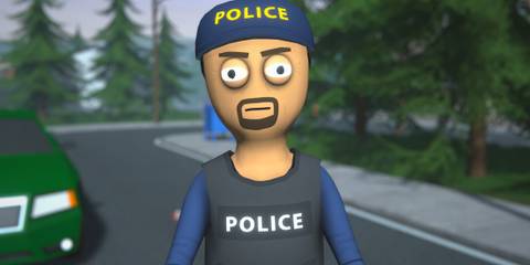 Schedule 1 police officer frowning during body search promo gameplay screenshot