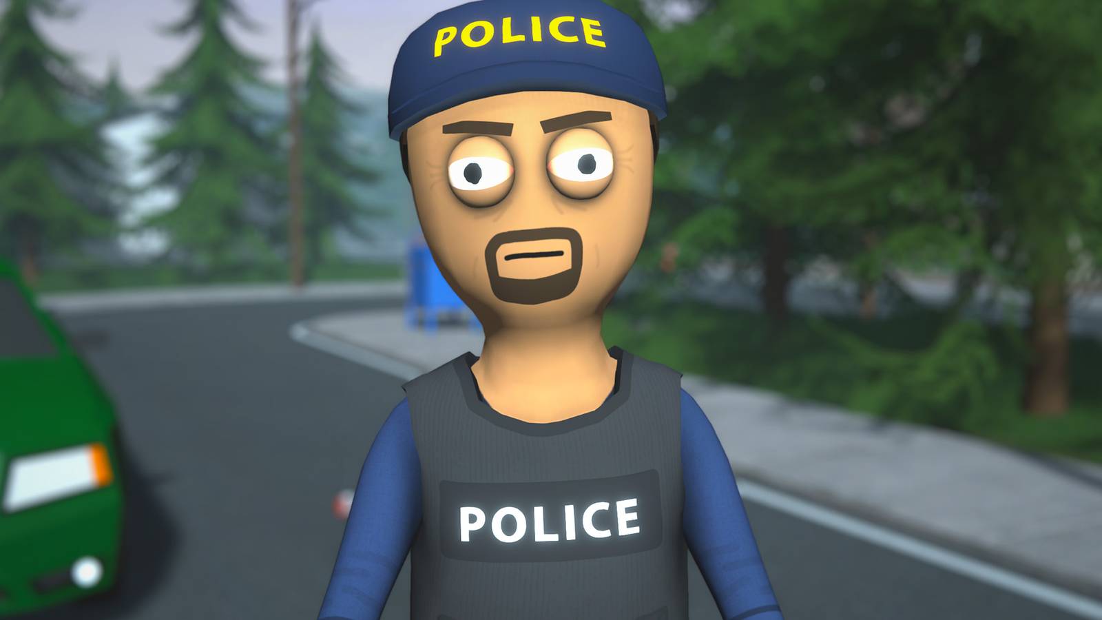 Schedule 1 police officer frowning during body search promo gameplay screenshot