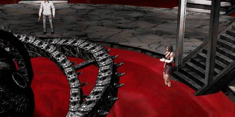 Eileen walking towards red liquid