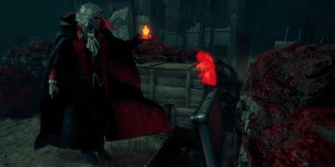 Dracula with a survivor hiding in the background