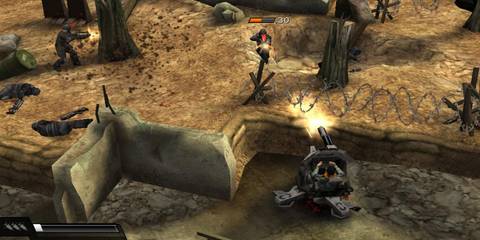 Shooting a turret at an enemy in Killzon Liberation