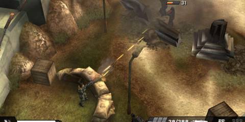 Shooting a turret at enemies behind cover in Killzon Liberation