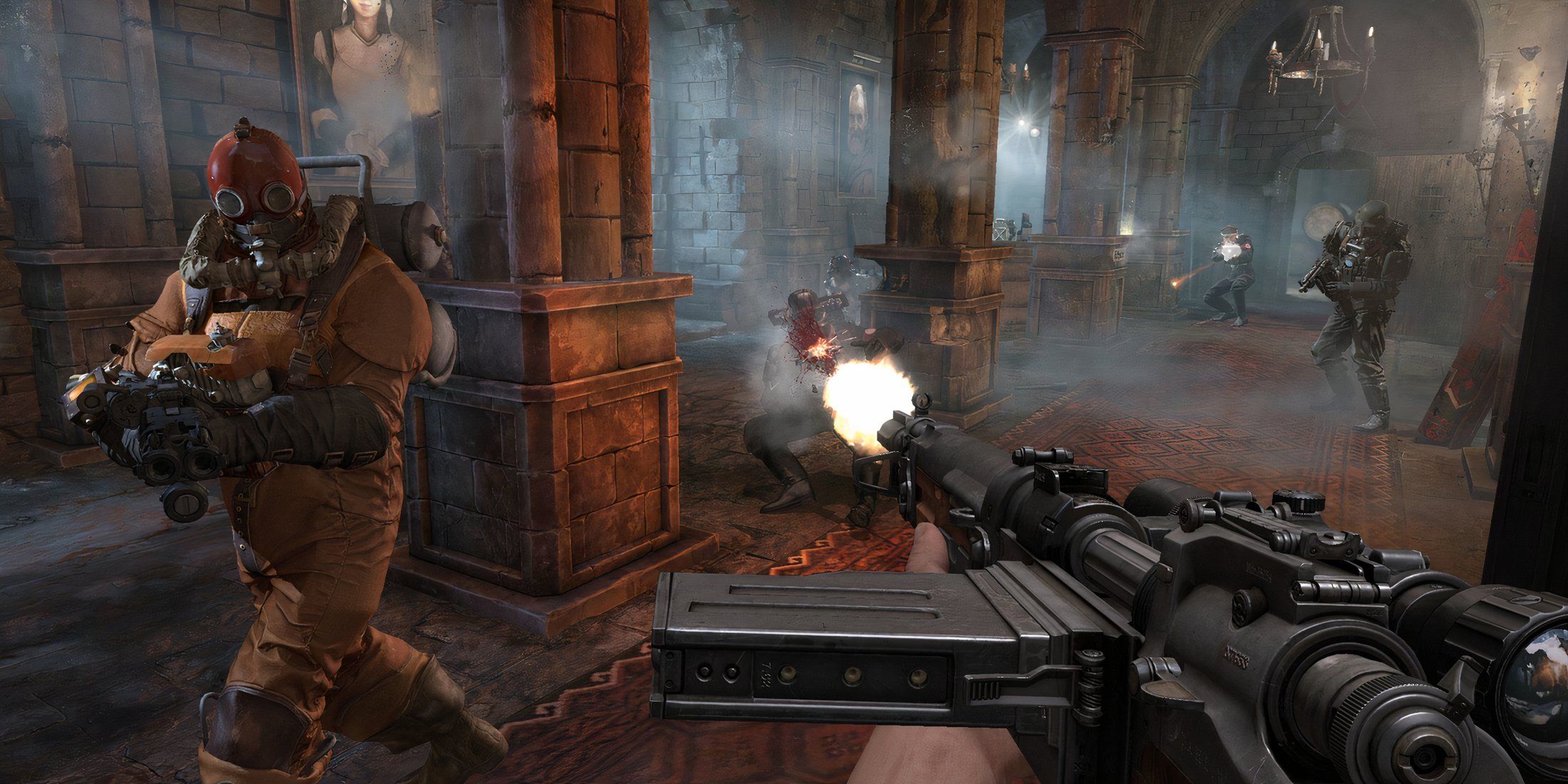 Shooting enemies with a machine gun in Wolfenstein The Old Blood