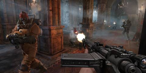 Shooting enemies with a machine gun in Wolfenstein The Old Blood