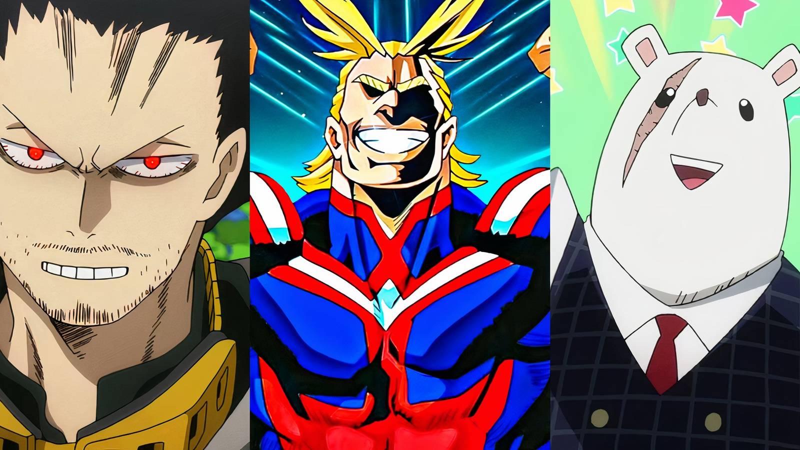 Shota Aizawa using Erasure, All Might posing, and Principal Nezu appearing joyful in MHA