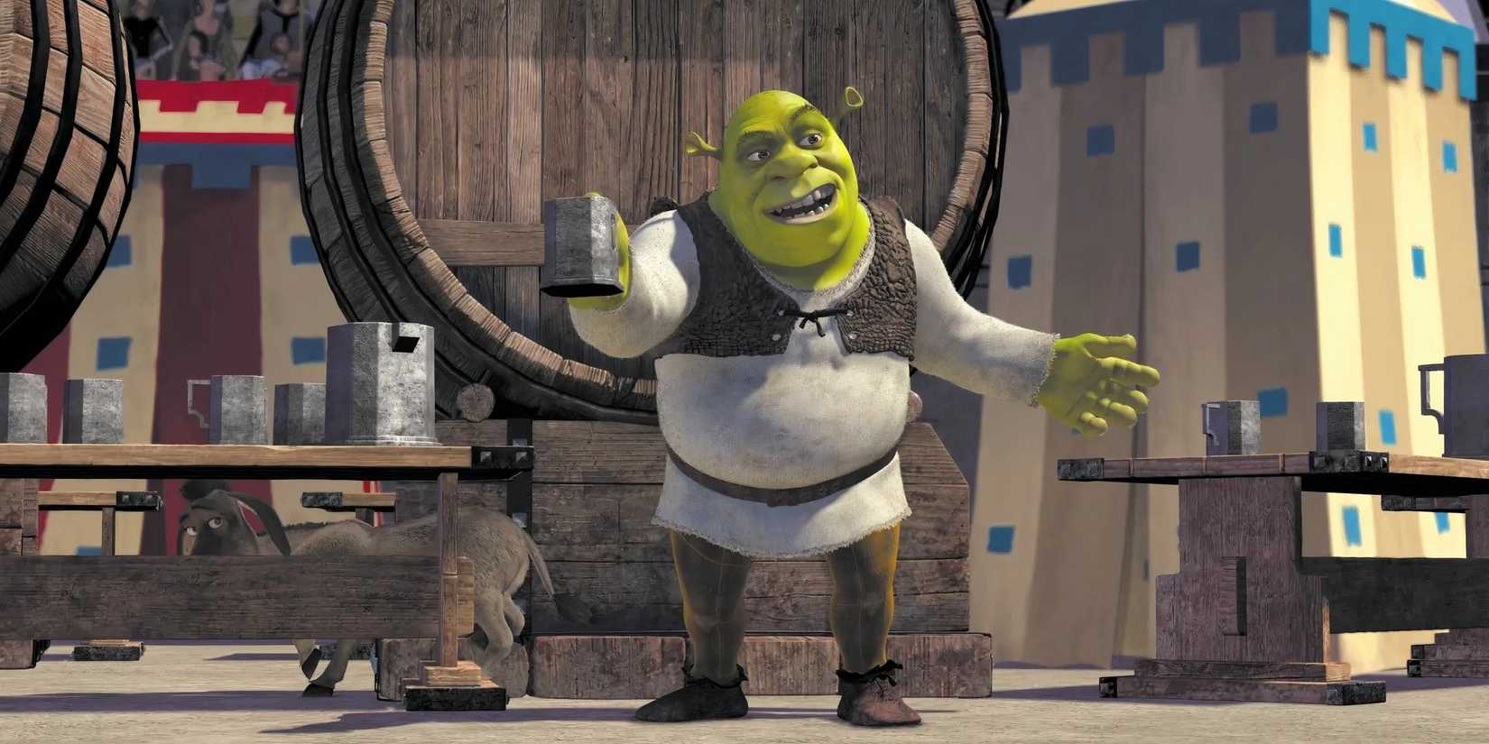 Shrek drinking a beer