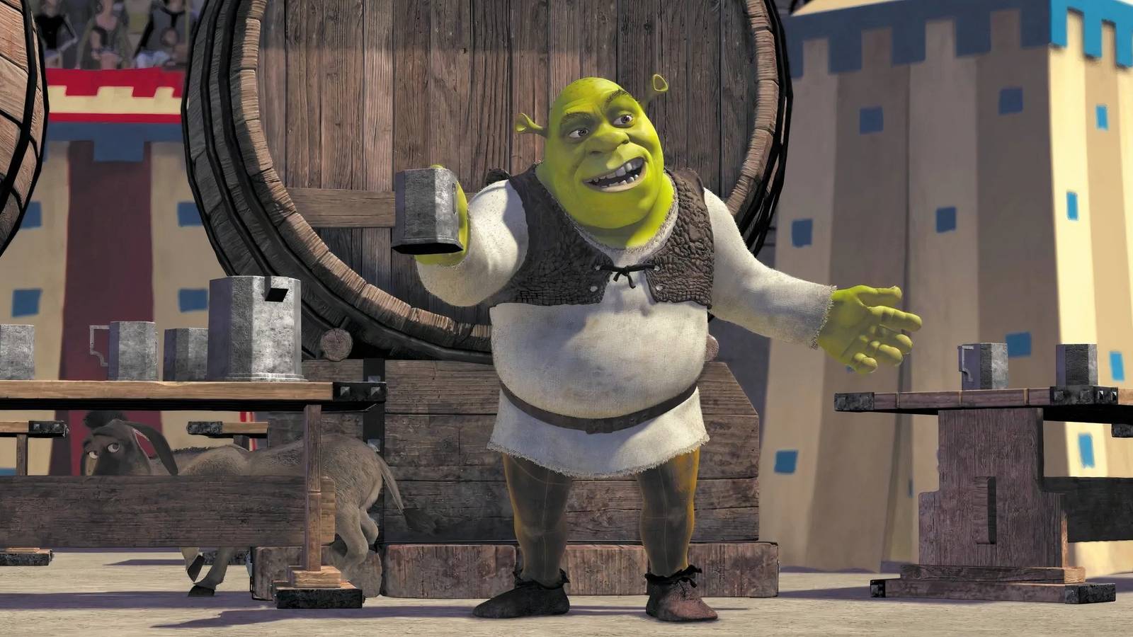 Shrek drinking a beer