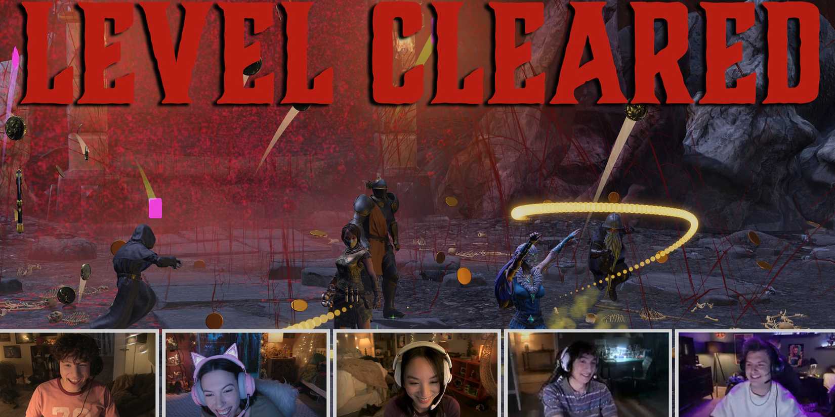 A still from Side Quest episode "The Last Raid" which shows five screens from players' video chats as they're playing an online game