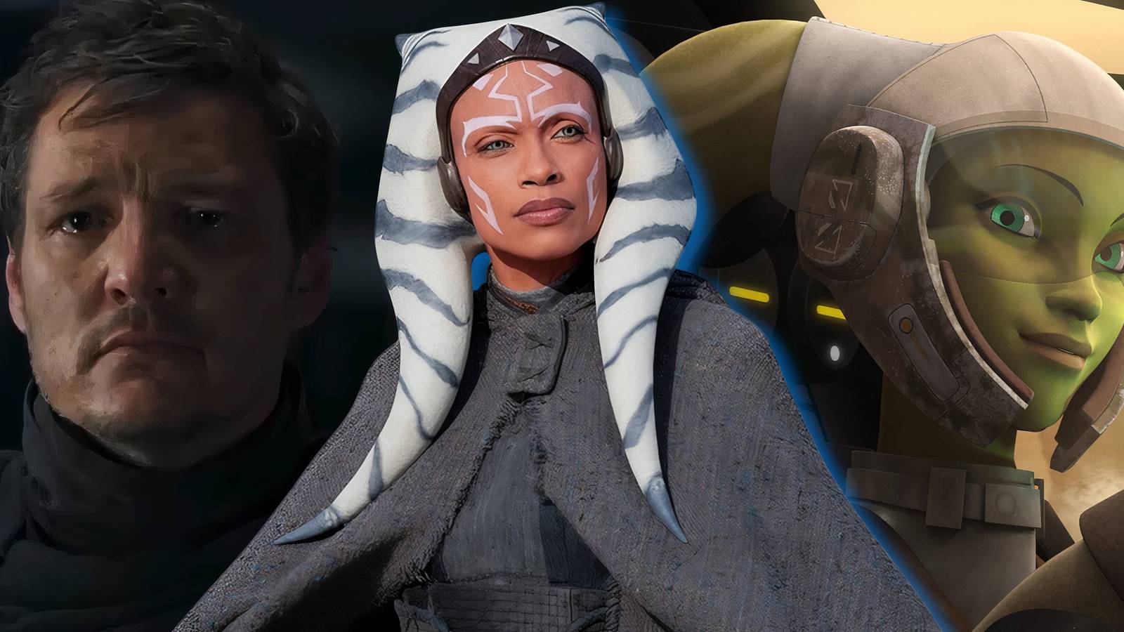Split image of Din Djarin, Ahsoka Tano, and Hera Syndulla in Star Wars