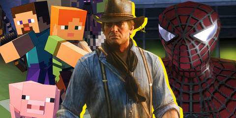Split image of Minecraft, Red Dead Redemption 2, and Spider-Man 2