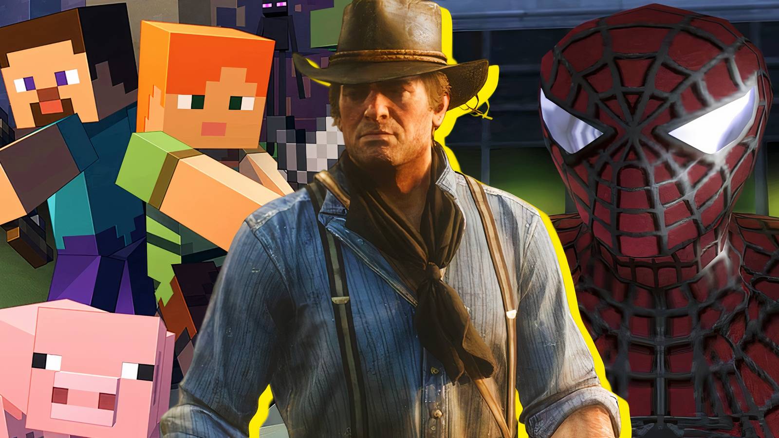 Split image of Minecraft, Red Dead Redemption 2, and Spider-Man 2
