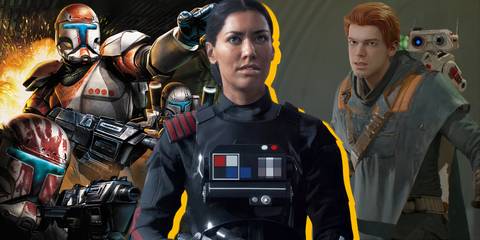Split image of Star Wars Republic Commando, Star Wars Battlefront 2, and Star Wars Jedi Fallen Order