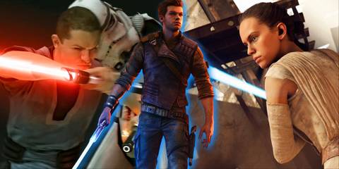 Split image of Star Wars The Force Unleashed, Star Wars Jedi Survivor, and Star Wars Battlefront 2