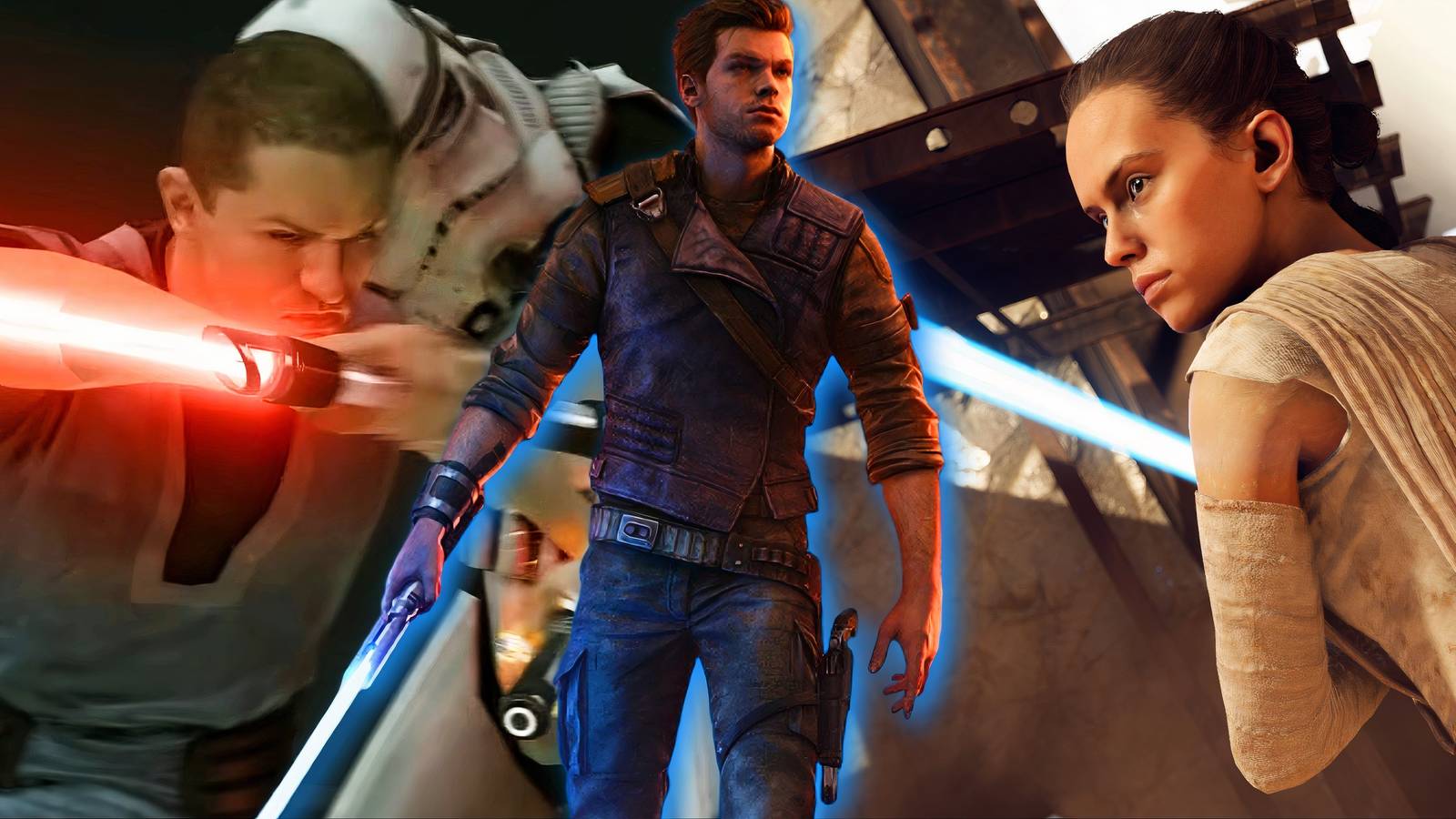 Split image of Star Wars The Force Unleashed, Star Wars Jedi Survivor, and Star Wars Battlefront 2