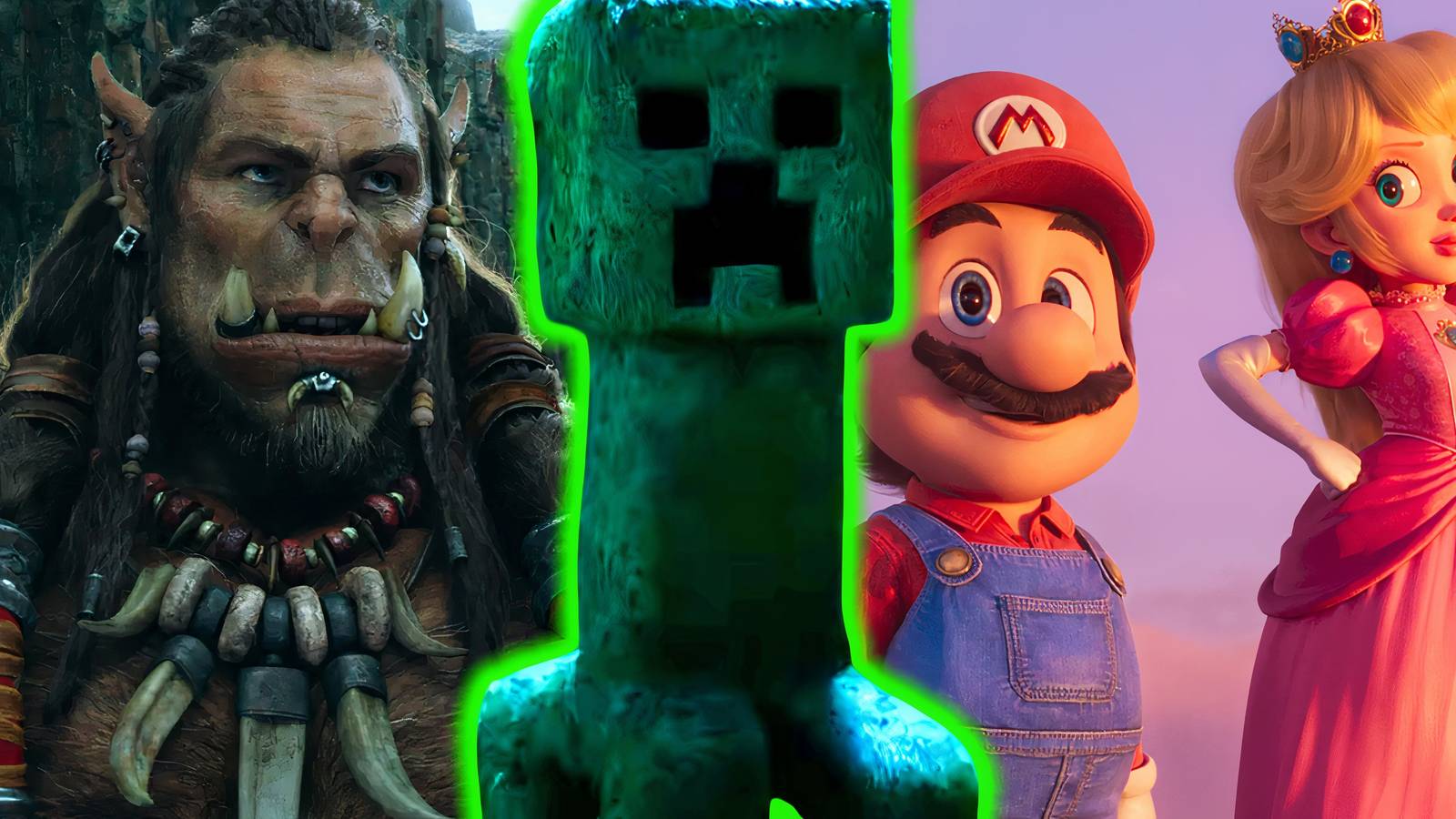 Split image of WarCraft, A Minecraft Movie, and The Super Mario Bros. Movie