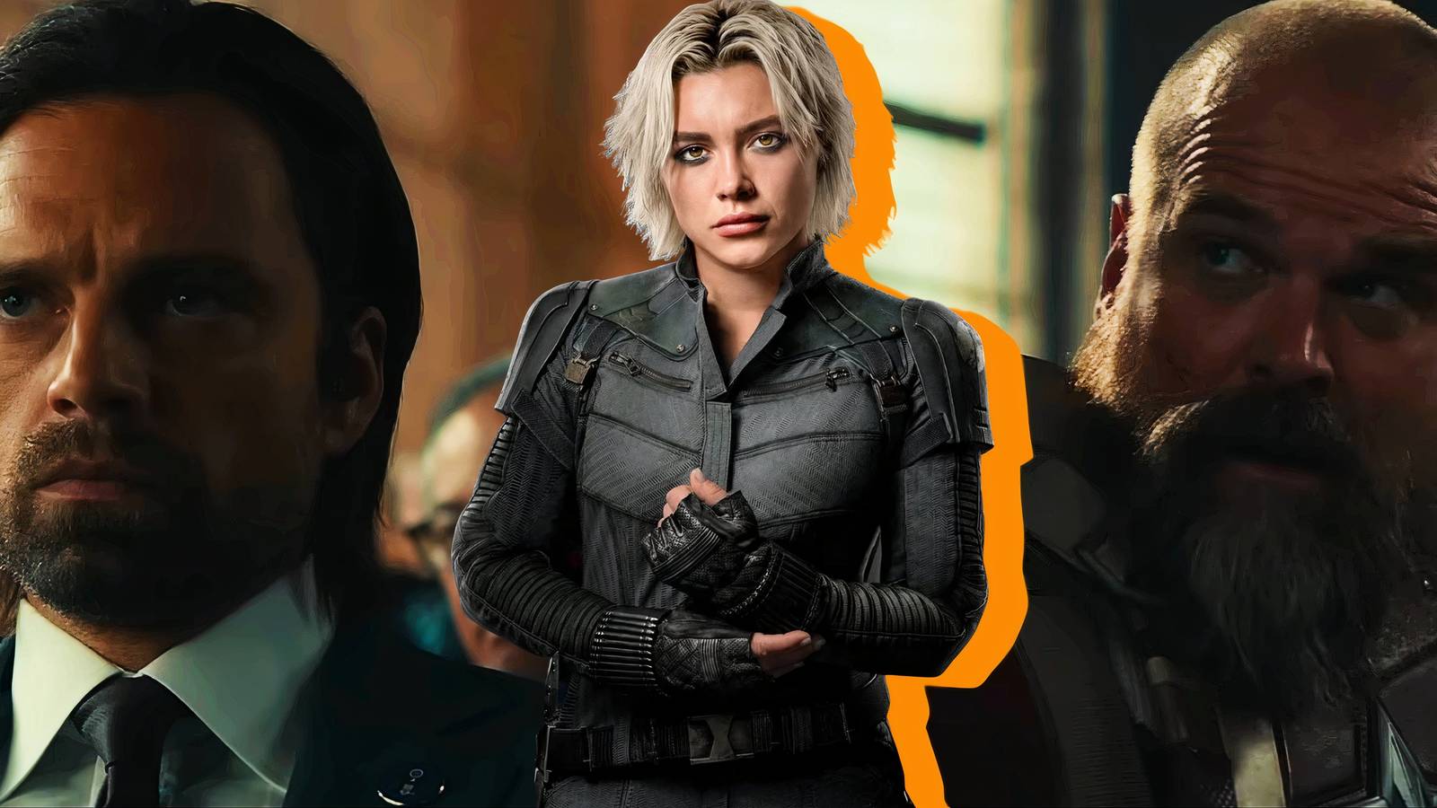 Split image of Winter Soldier, Black Widow, and Red Guardian in Thunderbolts