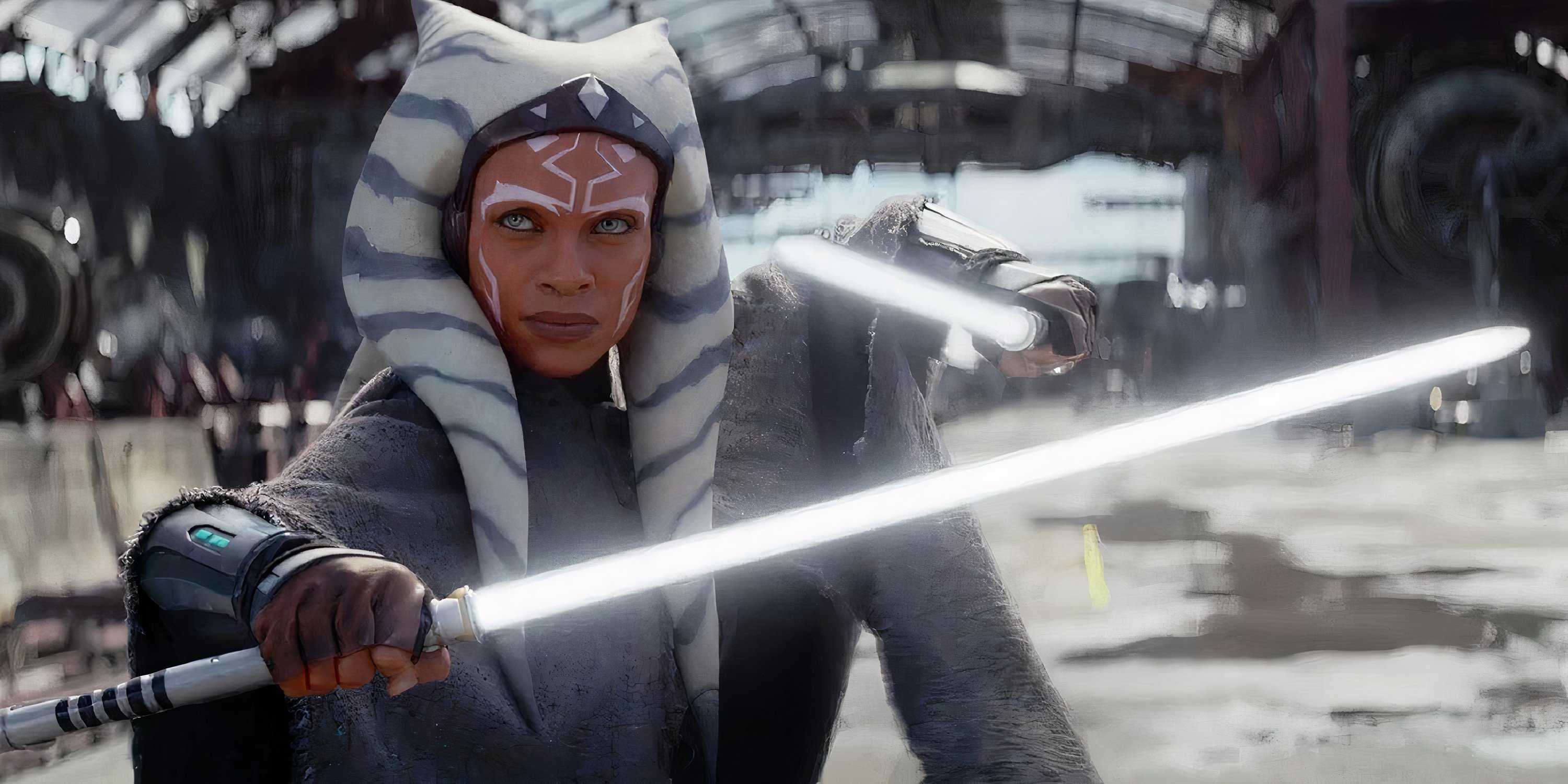 Rosario Dawson as Ahsoka Tano wielding her white lightsabers in Ahsoka