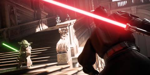 Yoda fighting Darth Maul in Star Wars Battlefront 2