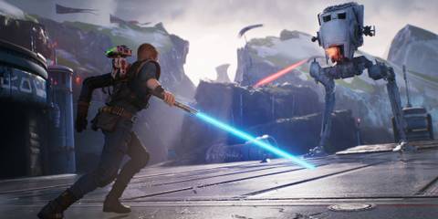 Cal Kestis battling an AT-ST walker in Star Wars Jedi: Fallen Order