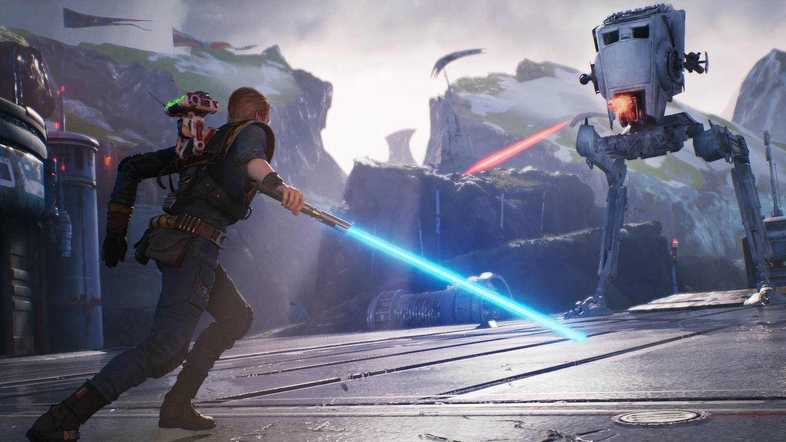 Cal Kestis battling an AT-ST walker in Star Wars Jedi: Fallen Order