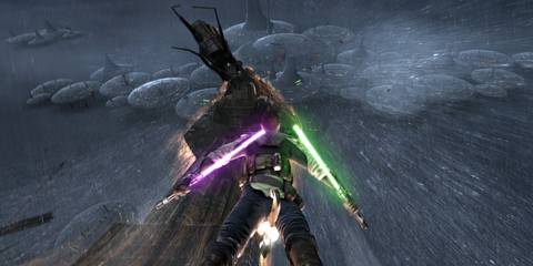 Starkiller plummeting onto Kamino in Star Wars: The Force Unleashed 2