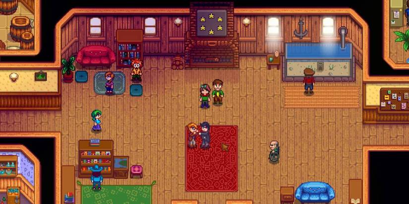 Pierre and Morris fighting in the community center in Stardew Valley