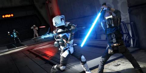 Cal Kestis and BD-1 fighting Imperial scout troopers in Star Wars Jedi: Fallen Order